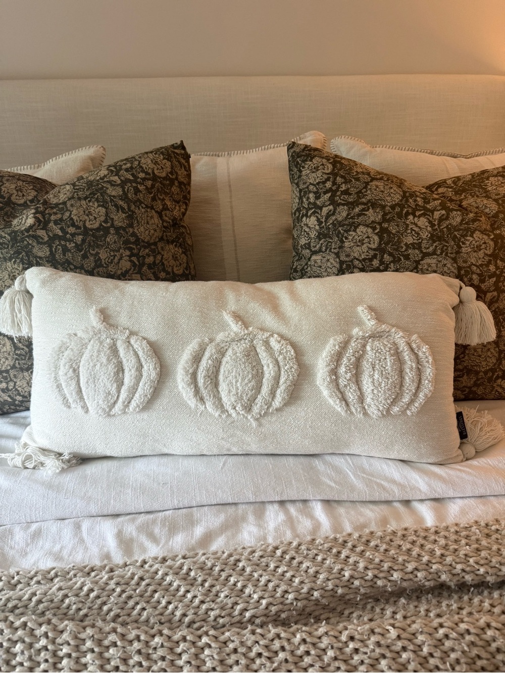 Neutral Cream Pumpkin Lumbar Pillow with Tassels - Cozy Holiday Accent